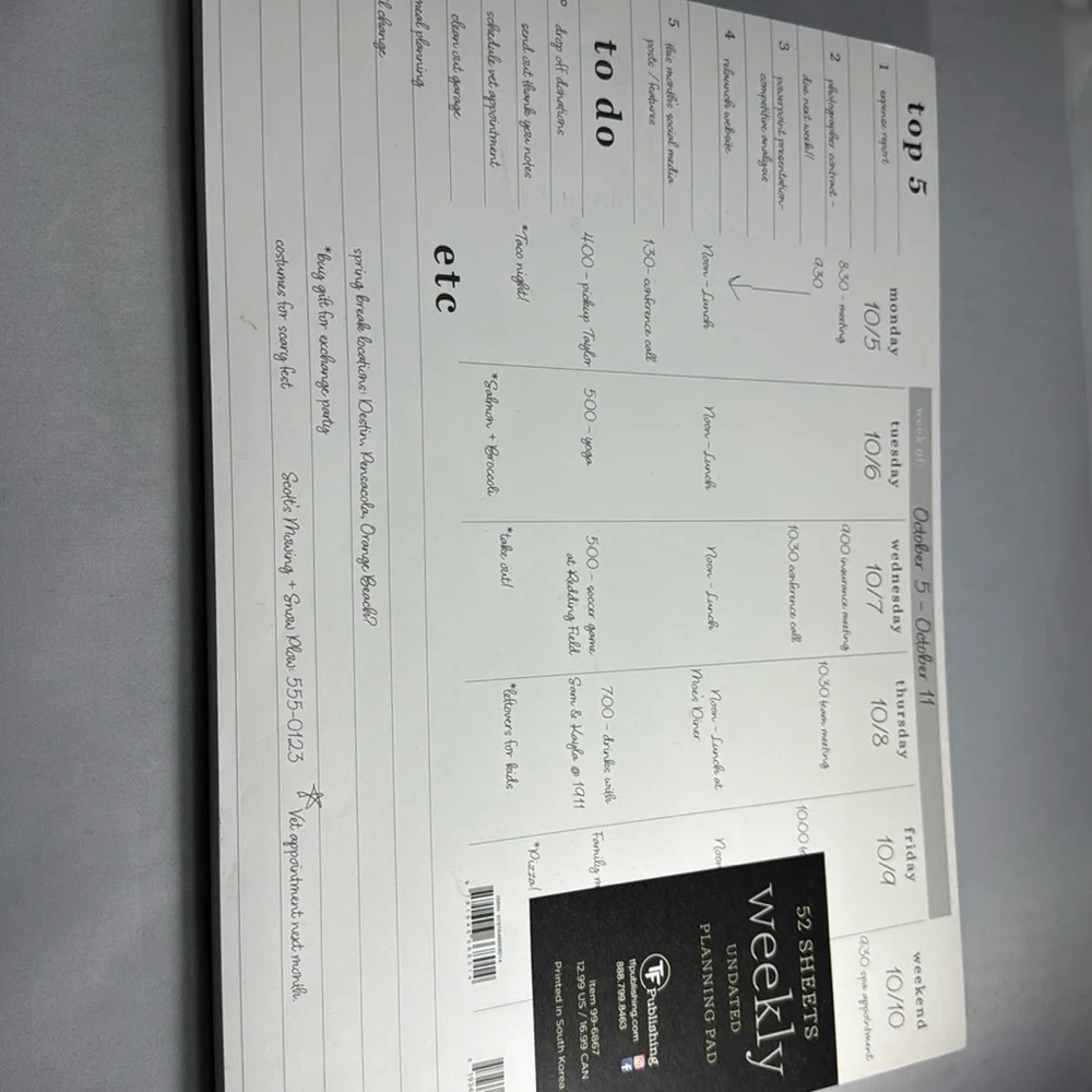 Weekly undated planning pad - Section for Top 5 and to do list 52 sheets. 9x12